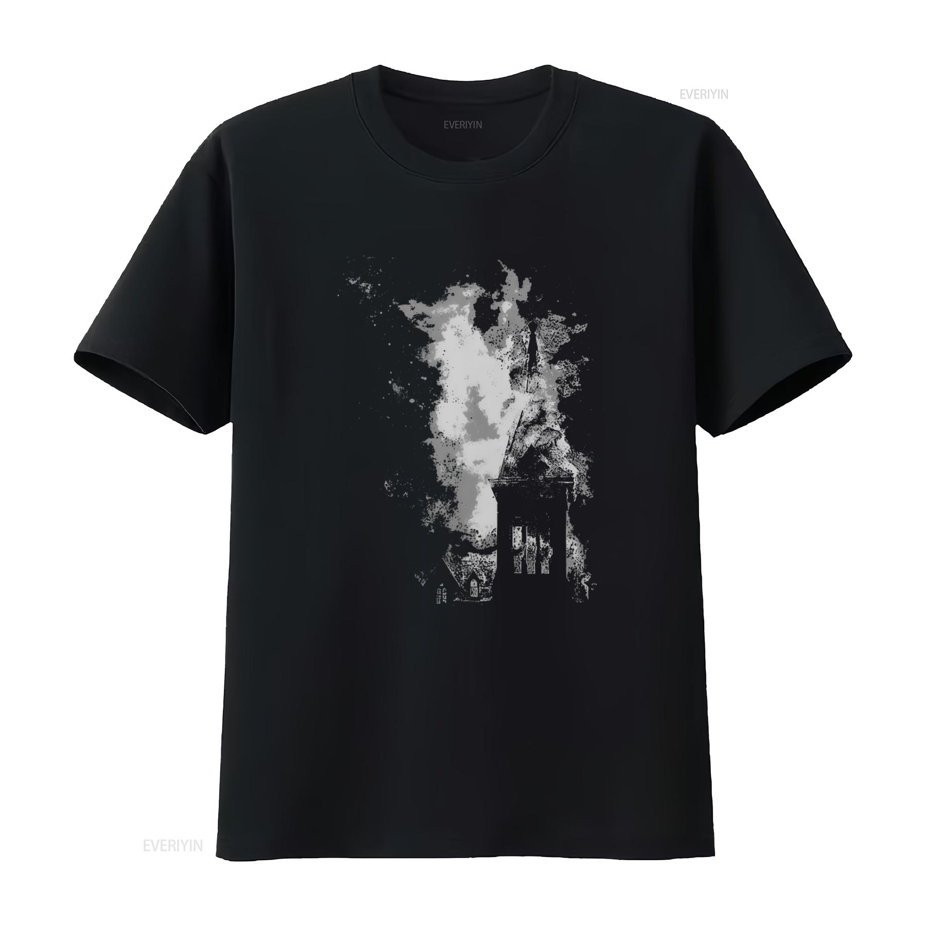 

Burning Church Fire T Shirt Dark Mood Goth Style with Unique Print Design vintage Washed Stylish Stretched homme Casual Unisex 4XL