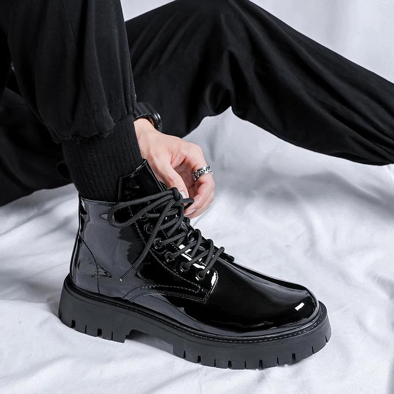 Fashion Men's Black Biker Boots 2024Hot Sale British  Designer Luxury Shoes Men Fashion Casual  Lace-up Boots Thick Sole High Top Shoes