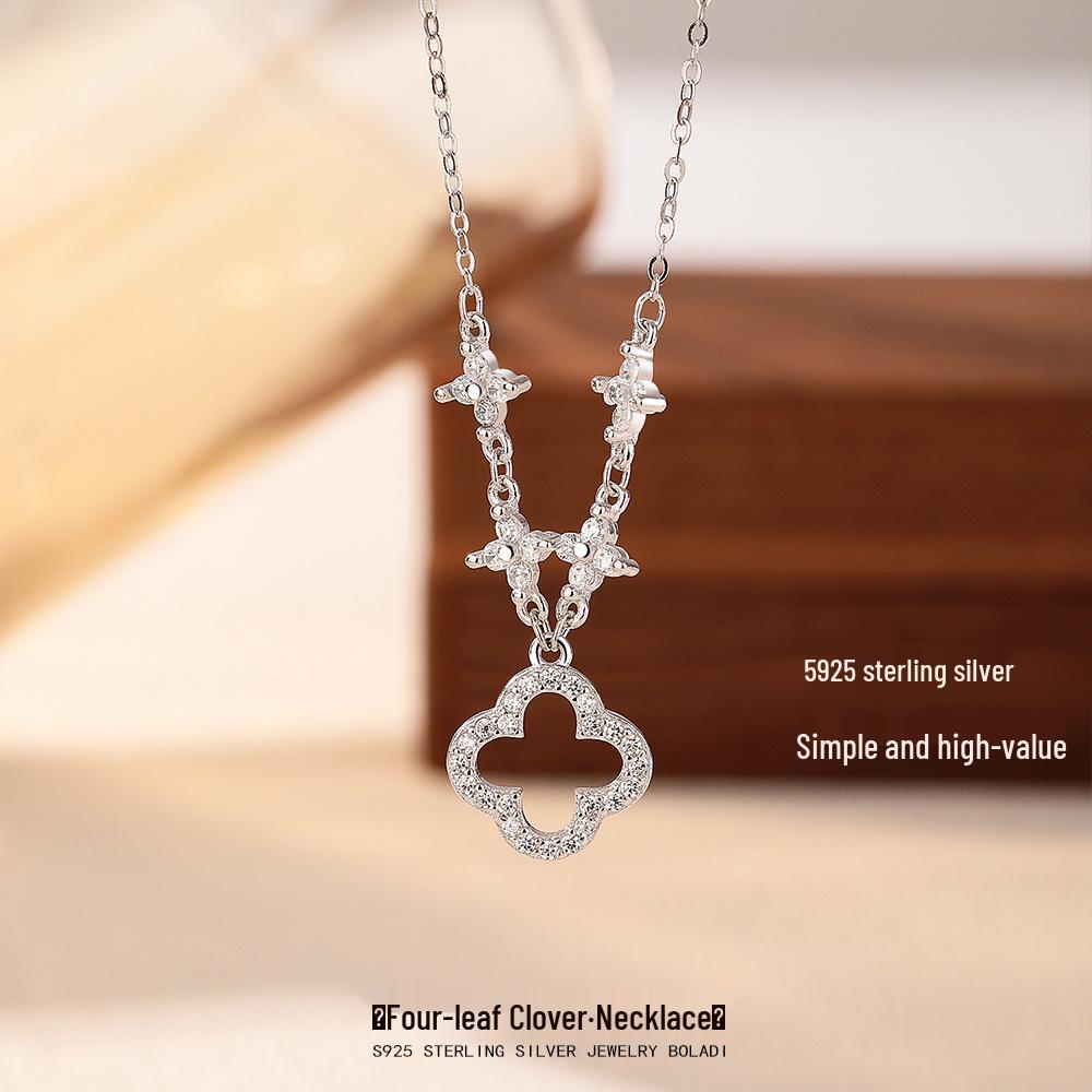 S925 Korean Sweet Hollow Four-Leaf Clover Necklace - Elegant Clavicle Chain Jewelry with Niche Fashion Design