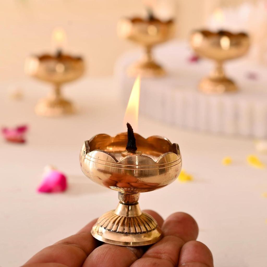 Brass Lotus Diya for Puja Set of 8 - Lotus Flower Diya for Pooja Room , Temple , Mandir, Office, Oil Lamp Diya for Home Decoration