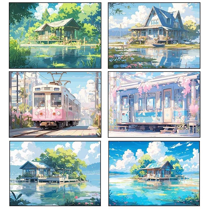 Aestheticism Anime Scenes Posters Sakura Tram Train Ocean View Prints Canvas Printing Wall Landscape Art Picture for Home Decor