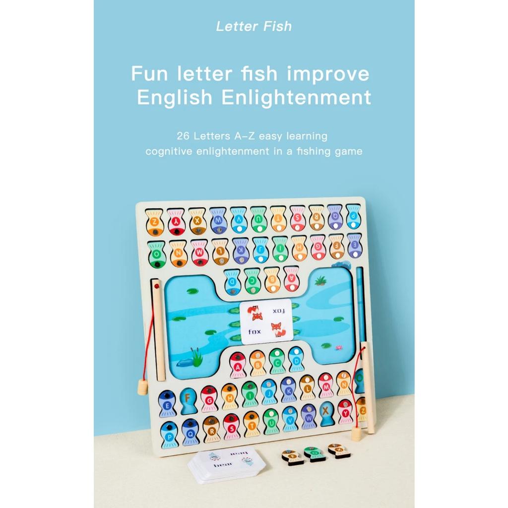 Montessori Magnetic Wooden Fishing Game Toy for Toddlers Alphabet Fish Catching Counting Games Puzzle Preschool Learning ABC Toy