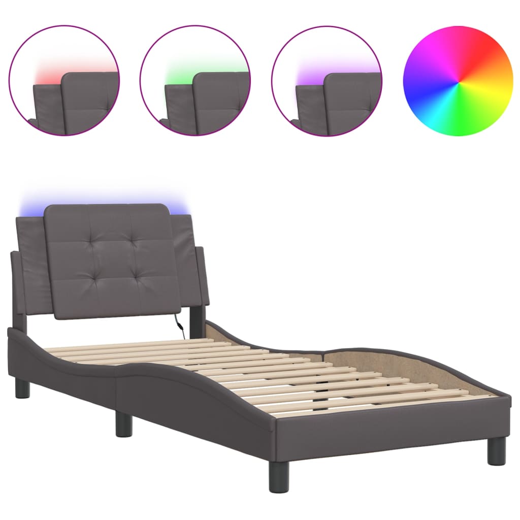 Vidaxl Bed Frame With LED, Grey, 80X200 Cm, Faux Leather