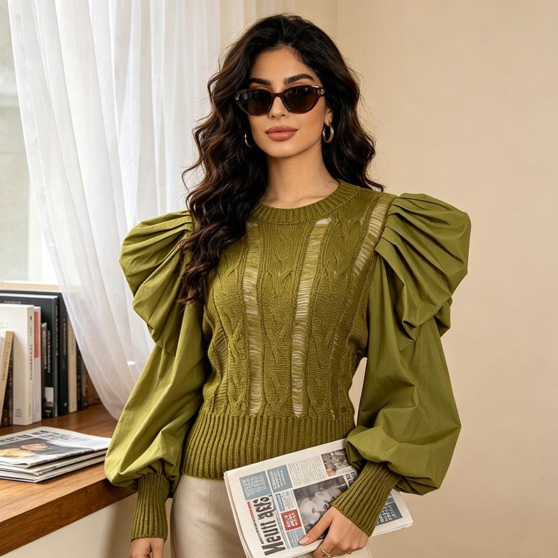 Women's Retro Court Knitwear Top - Autumn 2026, Patchwork Round Neck, Hollow Out, Long Sleeve, Waist-Cinched Sweater