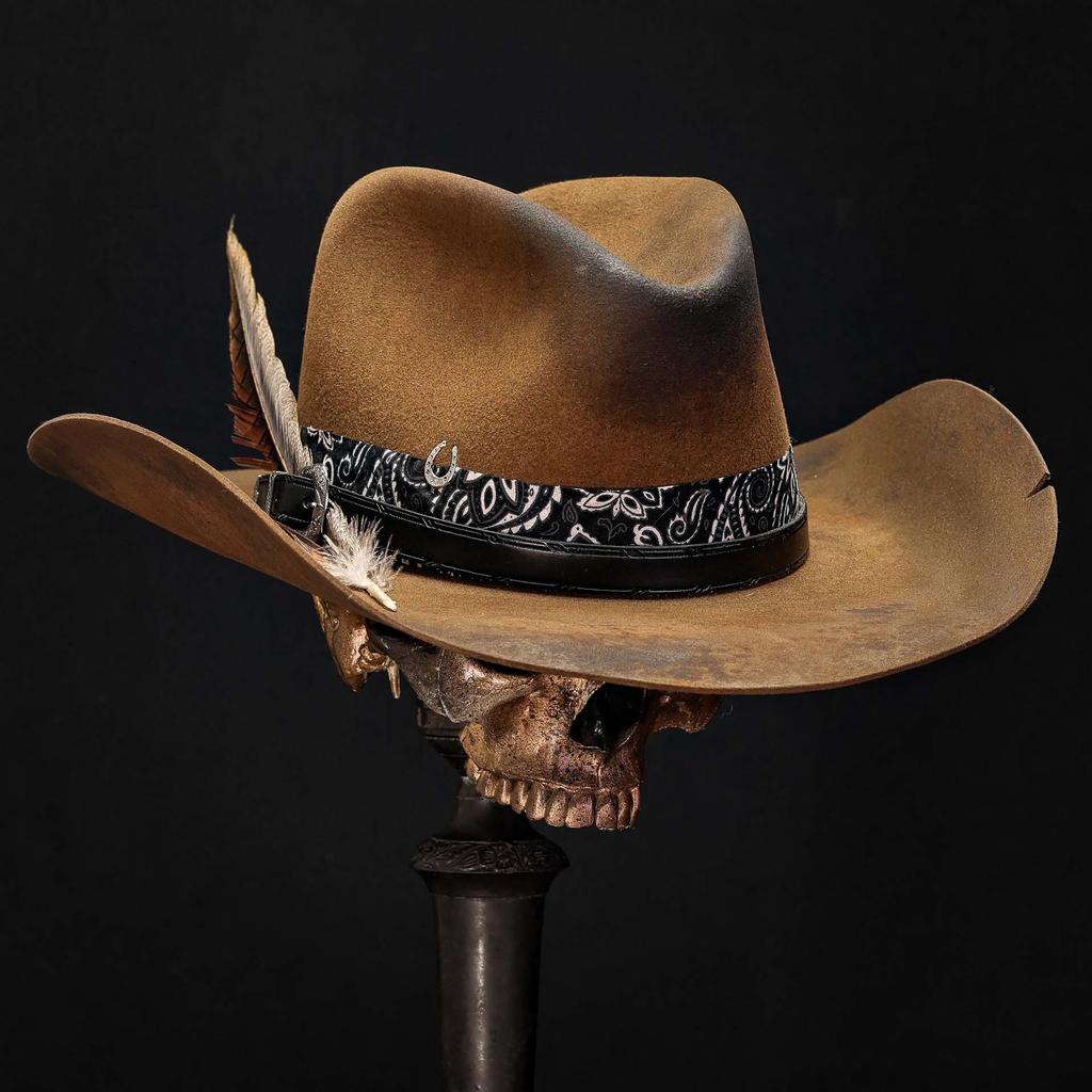 Cappello da Cowboy in Feltro di Pecora, Colore Unico con Cappello Decorativo in Feltro