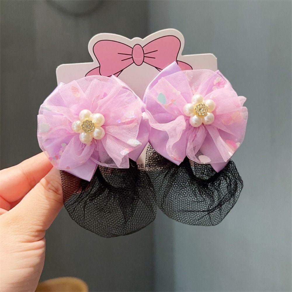 2PCS Spring Clip Girls Elastic Hair Net Mermaid Hair Bun Cover Sweet Ballet Hair Net Kids