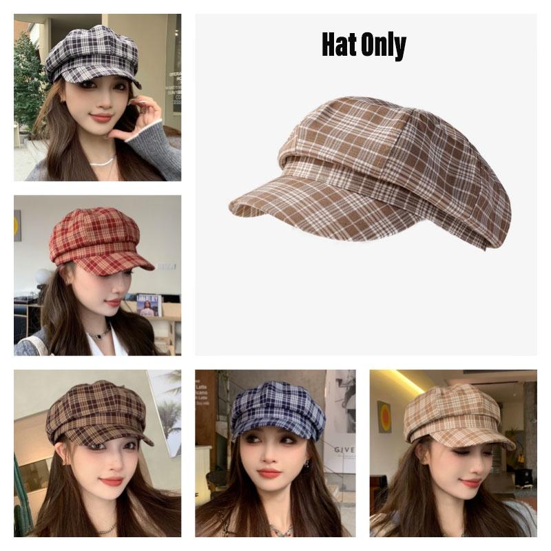 Vintage karierter achteckiger Hut für Damen Herbstmode Trendiges Barett Vielseitige lässige Schirmmütze