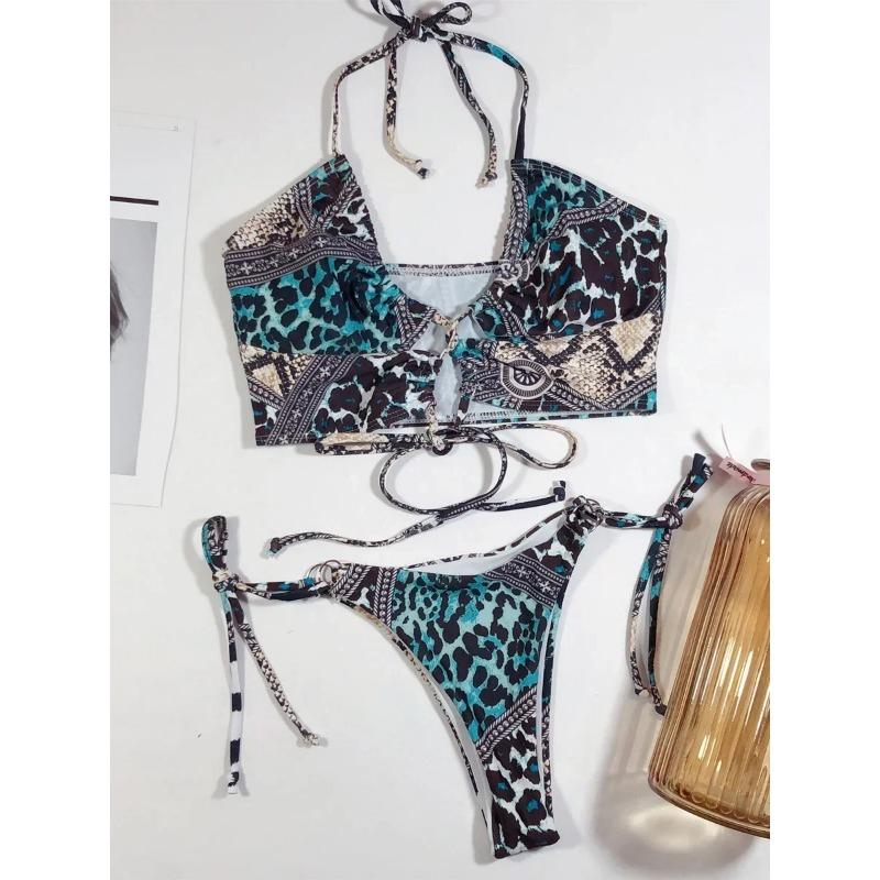 Sexy High Cut Leopard Bikini Women Thong Swimwear Female Swimsuit Two-pieces Bikini set Lace Up Bather Bathing Suit Swim Lady