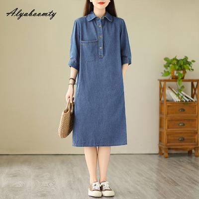 Korean Style Spring Summer Women Denim Dress Turn-Down Collar Blue Casual Loose Dress With Pockets Simple Solid Elegant Dress