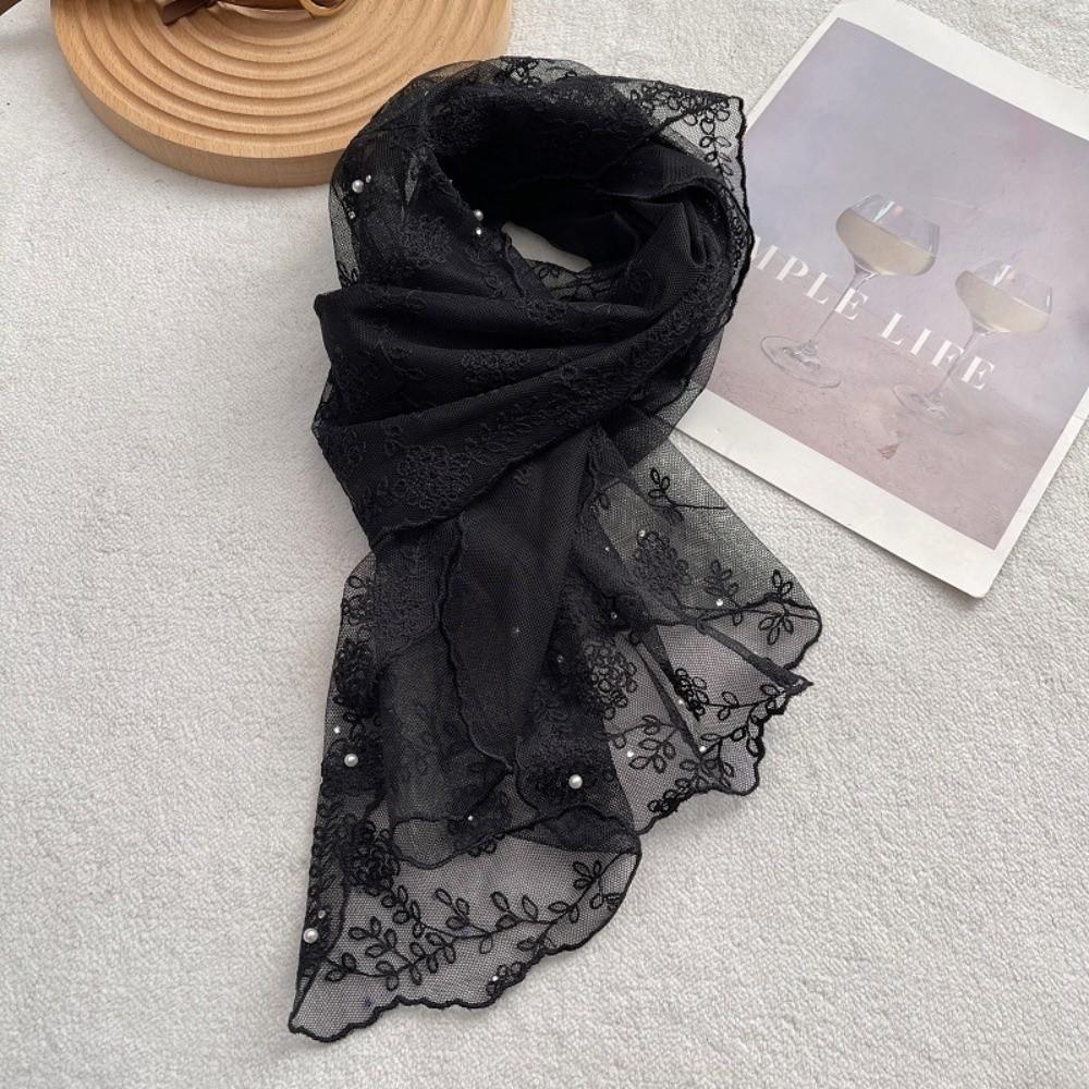 Pearl Diamond-encrusted Long Scarf Embroidered Flower Decorative Shawl Headscarf Spring and Summer