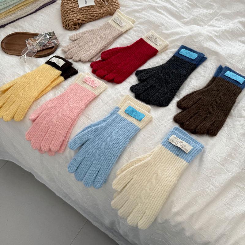 Women's Long Color Block Cable Knit Gloves for Autumn/Winter - Warm, Cold-Proof, Thickened Cycling Hand Protection