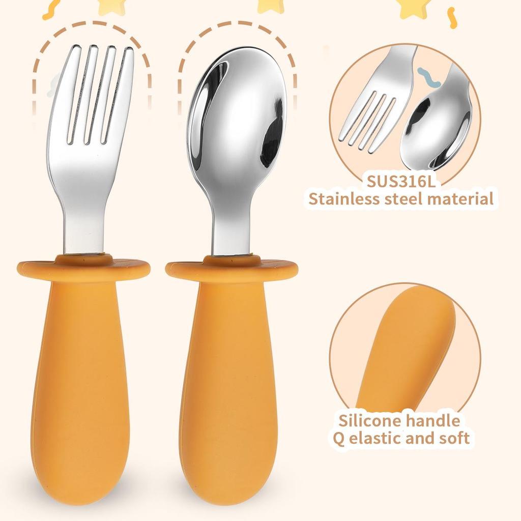 316 Stainless Steel Children's Utensil Set: Knife, Fork, Spoon with Silicone Handle for Infants and Toddlers, Portable Design for Mealtime.