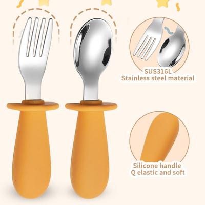 316 Stainless Steel Children's Utensil Set: Knife, Fork, Spoon with Silicone Handle for Infants and Toddlers, Portable Design for Mealtime.