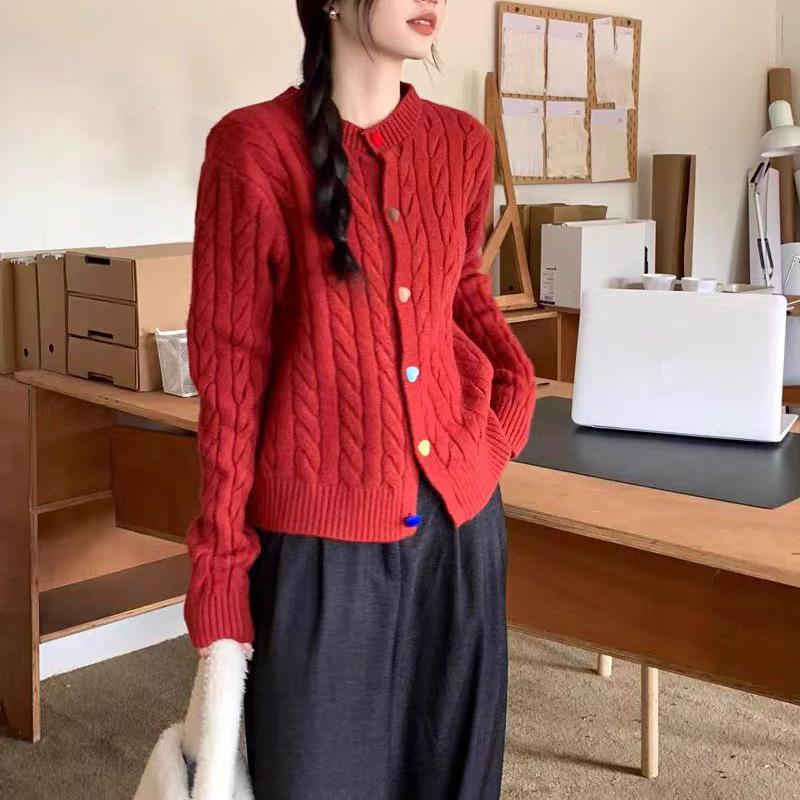 2025 Autumn Winter Women Knit Cardigan Sweet Heart-shaped Colorful Buttons Twisted Texture Slim Retro Casual Small Fragrance Style Sweater Coat