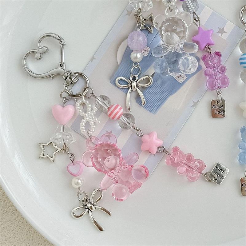 Cute Transparent Bear Bag Keychain Pendant Love Bow Charm Elegant Keyring Sweet Phone Chain Girly Backpack Hanging Ornament Gift