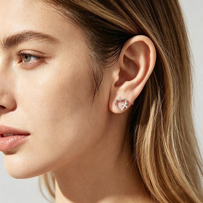 WOSTU 925 Sterling Silver 10MM Heart Cross Earrings Dainty AAA CZ Studs Minimalist Love Faith Jewelry for Women Girls BSE1310