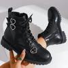 Modische Metallherzschnalle Stiefeletten für Damen Herbst Winter Schnürung Plateau Kurze Stiefel Damen Schwarze PU-Lederschuhe Botas Mujer