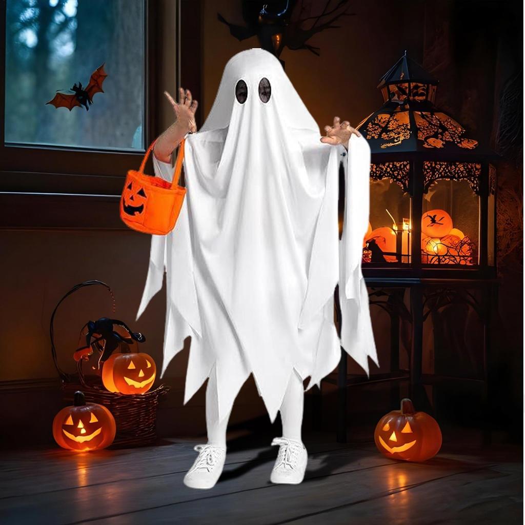 Halloween Kids Ghost Costume Ghost Cosplay Costume with Pumpkin Trick or Treat Candy Bags White Ghost Outfit Ghost Cape