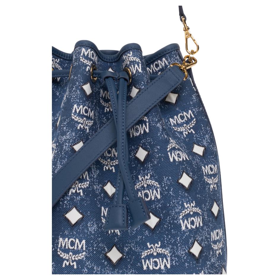 New MCM Denim Jacquard With Leather Bucket Bag, Portable Crossbody Bag, Shoulder Bag Medium Size Women's Blue MWDDSDU05LE001