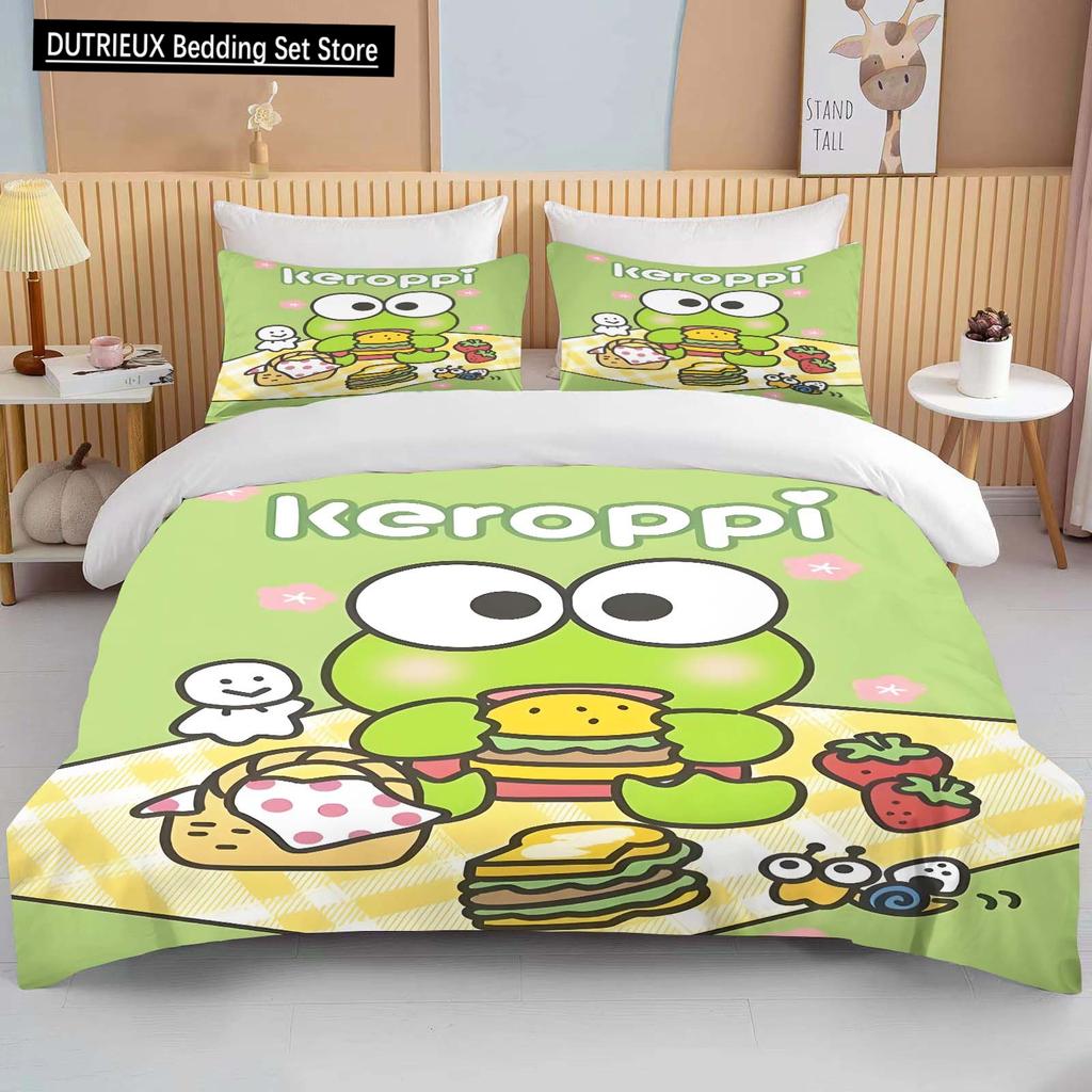 10 Sizes Sanrio Keroppi Printed Bedding Set Cartoon Anime Duvet Cover Comforter Pillowcase Boys Girls Children Adults King Gift