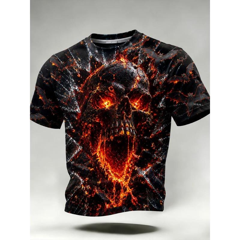 Men's Casual Round-Neck Short-Sleeve T-Shirt Trendy Men's Top with Flame and Skull Print  Shirt for Holiday Parties