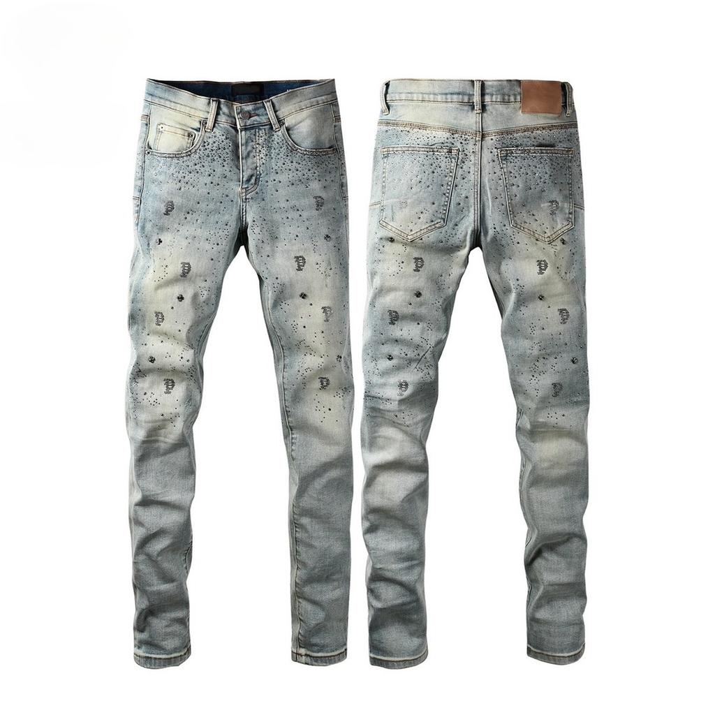 GLYDE High Street Jeans Fashion Trends Wash Distressed Light Indigo Transparent Rhinestones Stretch Skinny Button Ripped Jeans