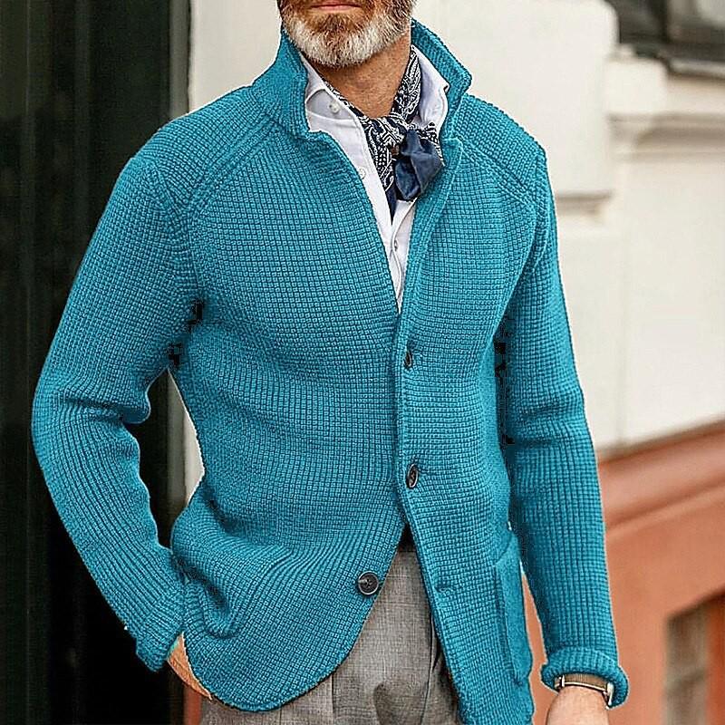 Men's Slim Fit Knitted Sweater - Solid Color, Turn-Down Collar, Long Sleeve, Trendy Brand for Fall/Winter