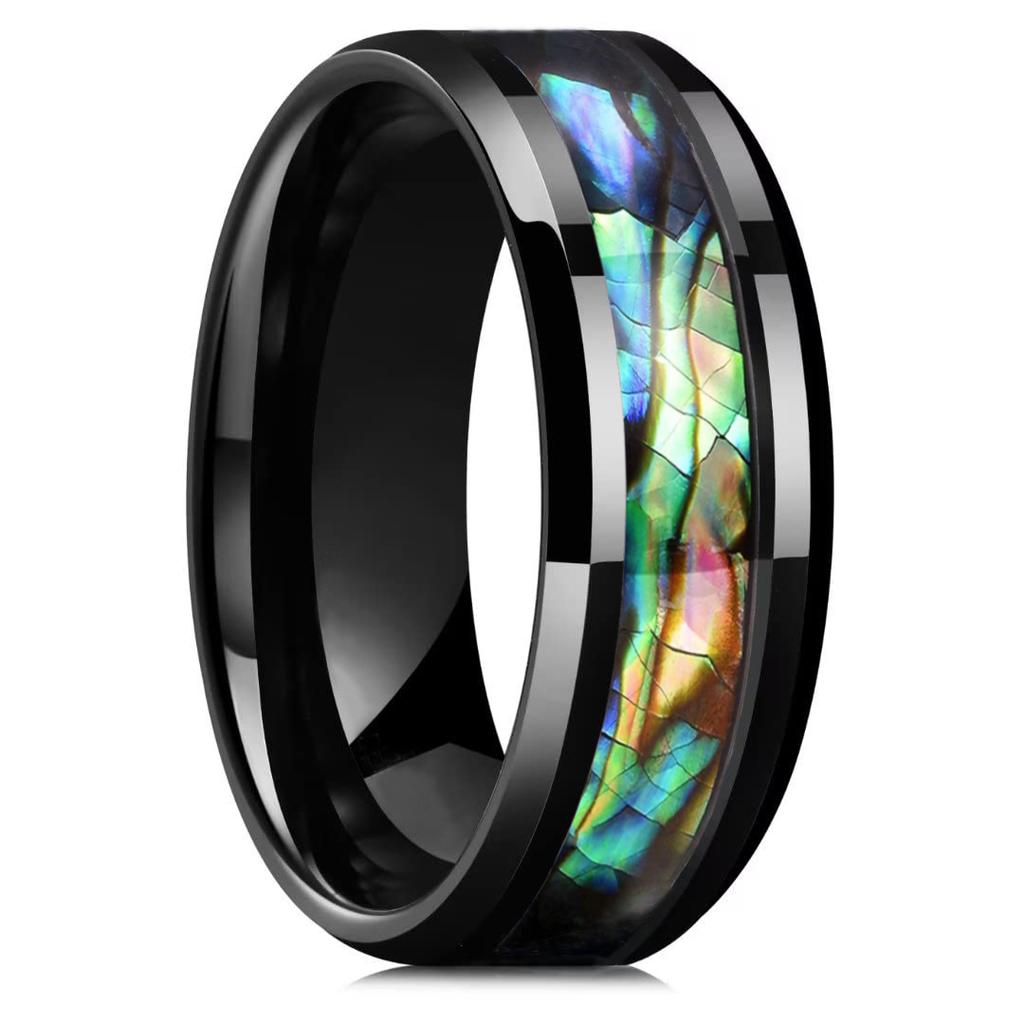 Fashion 8mm Men's Black Stainless Steel Ring Colorful Abalone Shell Inlay Beveled Edged Titanium Ring Men's Wedding Band