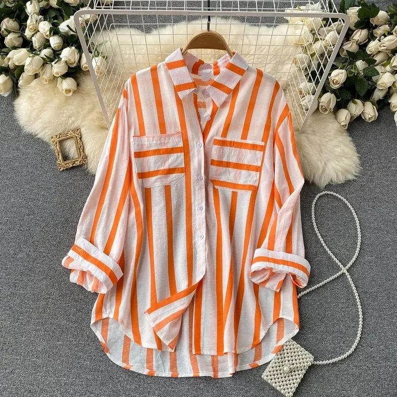 

Striped Long Sleeved Shirt Loose Top Women s Stripes Long Sleeves Shirt Loose Tops orange M(M)