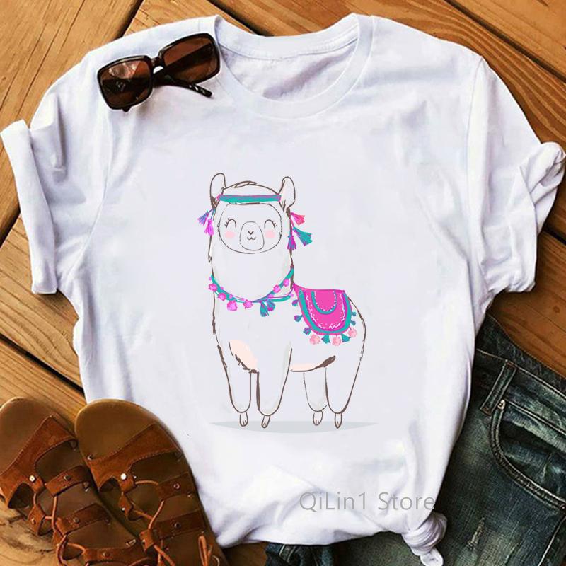 Female Tshirt Harajuku Kawaii Alpacas Animal Print Funny T Shirts Women Summer White Top Camiseta Mujer Casual Tshirt Clothes