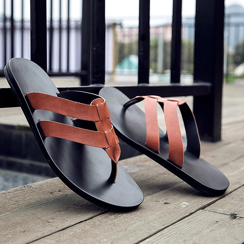 Men's Summer New Sandals and Slippers Men's Leather Sandals Adult Breathable Beach Shoes Non-slip Open-toe Leather Sandals Flat