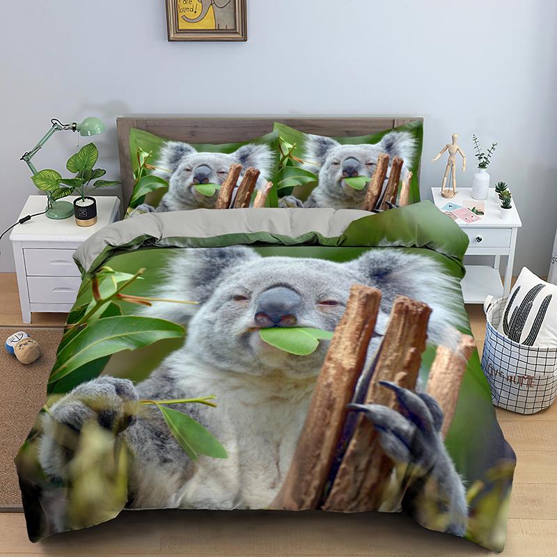 Cartoon Koala Duvet Cover King Queen Lovely Animal Bedding Set For Kids Teens Adults Wildlife Quilt Cover With Pillowcase 2/3PCS
