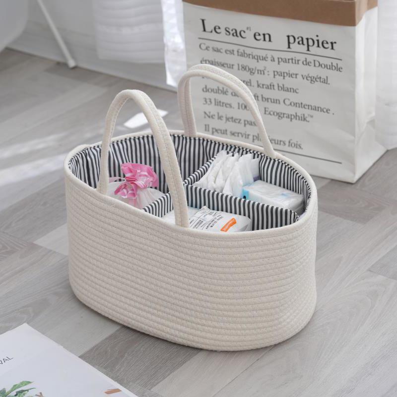 Off-White Handwoven Cotton Rope Diaper and Toy Storage Basket with Tassel Handbag and Removable Box