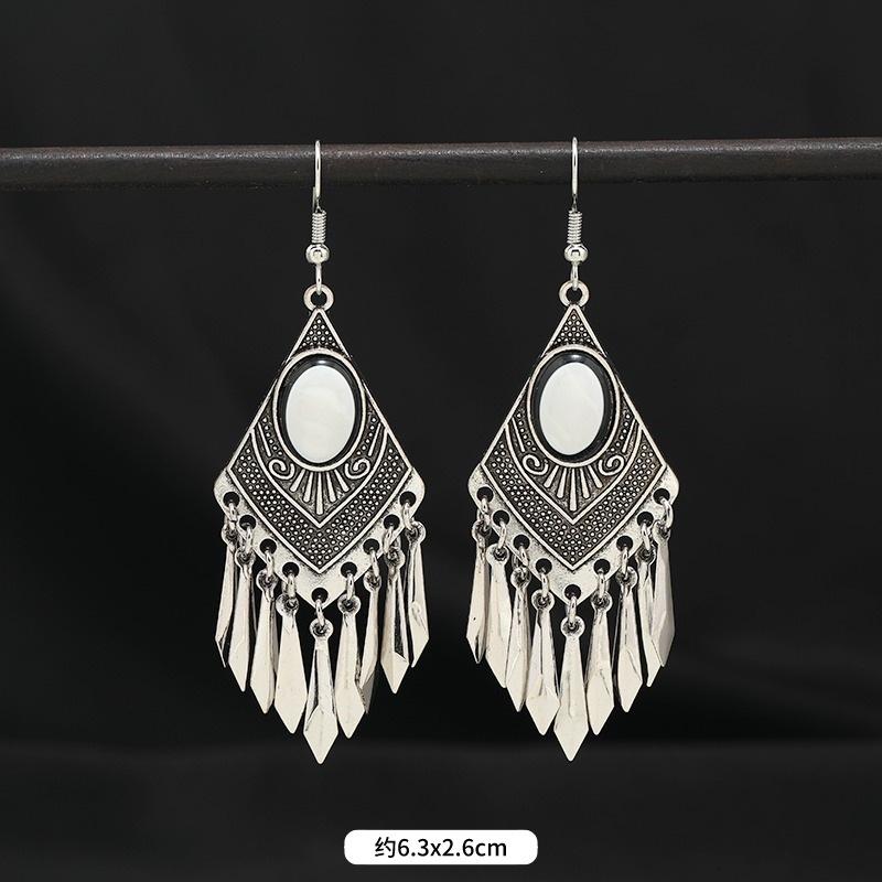 Vintage stone fringed earrings silver women's bohemian long personalized Tibetan temperament vacation earrings