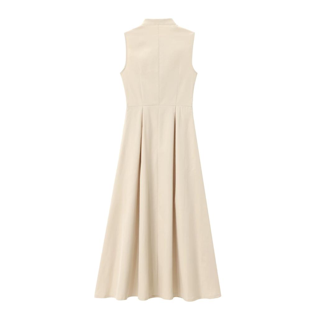 Spring Women's European and American Style French Design Round Neck Sleeveless Waist Cinched Commuting Temperament Midi Dress