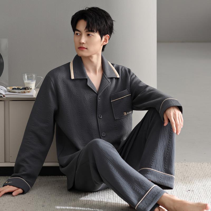 Men'S Pajamas Autumn And Winter Air Cotton Interlayer Thickened Pure Cotton Long Sleeve Warm Winter Thin Padded Loungewear Set