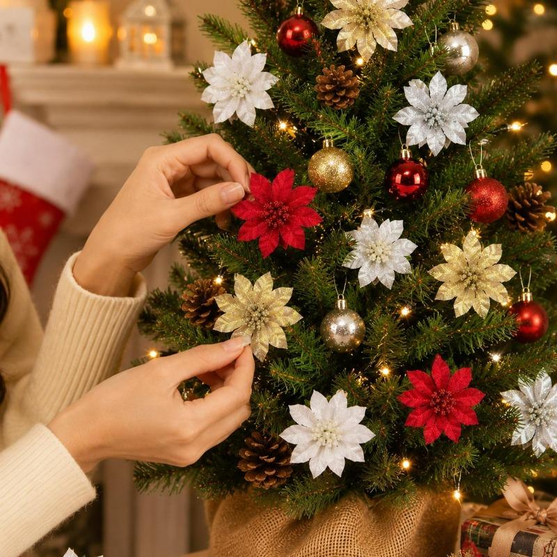 100/5x Simulated Christmas Flowers Glitter Artificial Poinsettia Merry Christmas Decorations Wedding Party Gift Decor Flowers