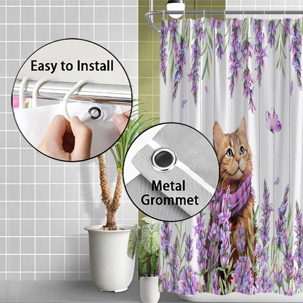 Lavender Cat Shower Curtain Purple Flowers Butterflies Cute Kitten Garden Art Elegant Bathroom Decor Waterproof Quick Setup