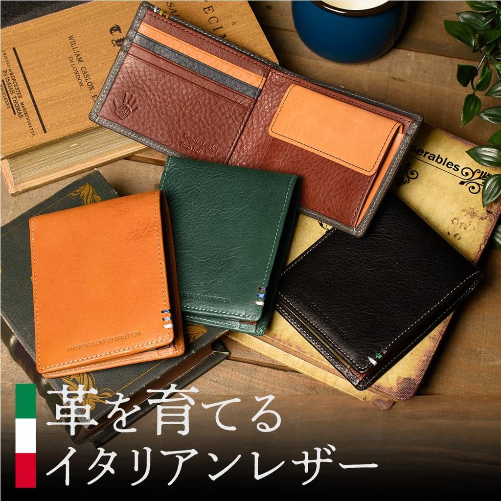 Benetton Bi-fold Wallet for Men, Italian Leather, Genuine Cowhide, Vegetable Tanned, High-Quality, Develops a Beautiful Patina, Compact, Soft, Stylish