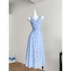 Summer Blue Sleeveless Unique and Beautiful Waist Pinch Dress Women's Summer Temperament Lace Splicing Hollow Dress