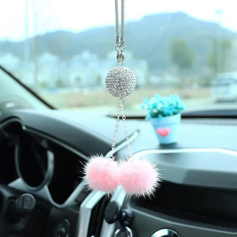 Creative New Mink Hair Crystal Diamond Ball Peach Heart Rearview Mirror Pendant Tassel Style Car Hanging Decoration PendantItems