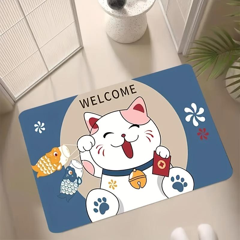 1 Pack of Polyester Fluffy Doormats, Non-slip, Hand Washable, Anti-fatigue Welcome Mats with Soft Lucky Cat Pattern