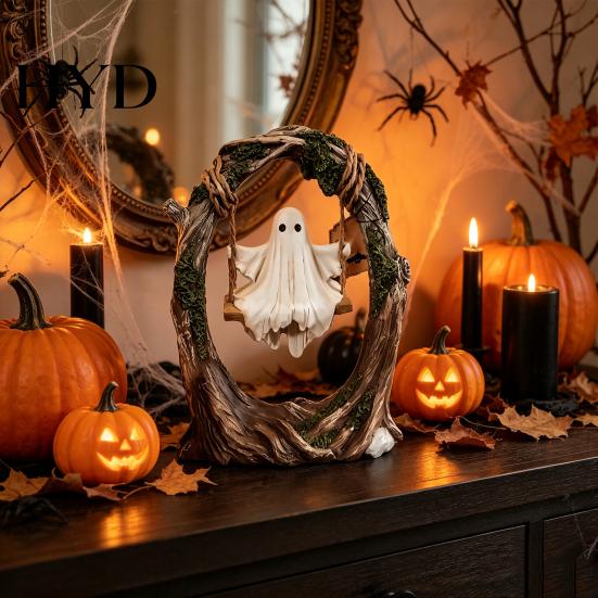 Handmade Resin Ghost Statue On Tree Swing Halloween Decor, Spooky Figurine with Vintage Detailed Sculpture for Office Base, Festive Party Tabletop