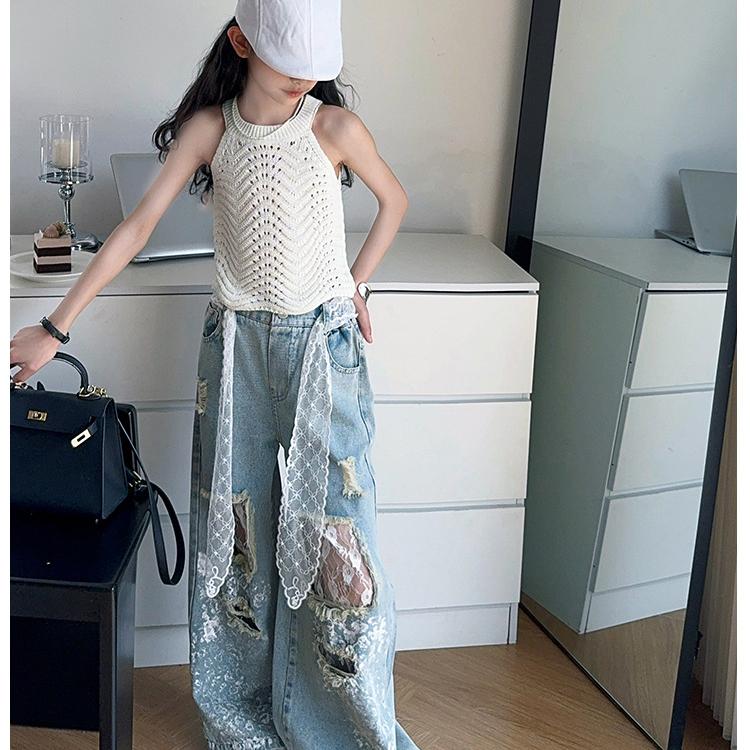 Kids Streetwear Y2k Jeans Girl Lace Drawstring Denim Pants Child Fashion Hip Hop Jeans Trousers