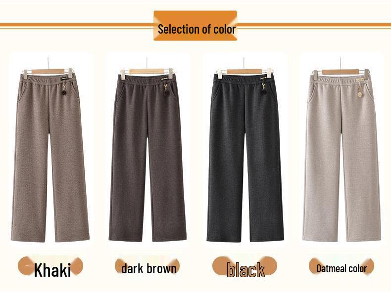 Middle-aged Women's High Waist Velvet-Lined Straight-Leg Warm Wool Pants