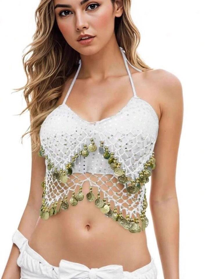 Belly Dance Costume Beads Crisp Tassel Crop Top Halter Suspenders Underwear Performance Party Tops Without Bottom For Women