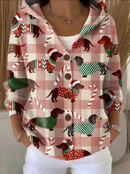 New V-neck button long-sleeved hooded sweater autumn and winter Christmas fashion personalized coat women