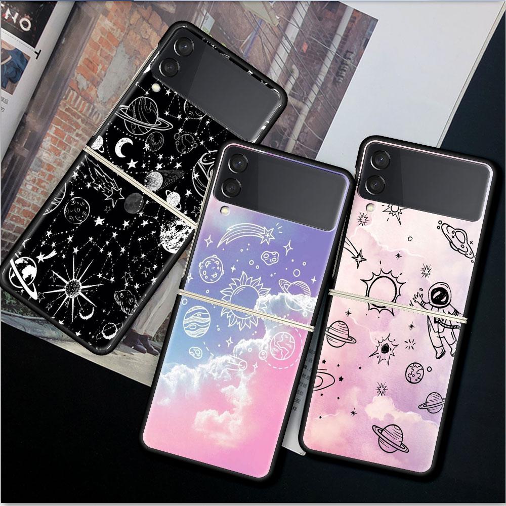 Case For Samsung Galaxy Z Flip 3 4 5G Black Hard PC Phone Housing Z Flip4 Luxury Segmented Cover Cosmic Planet