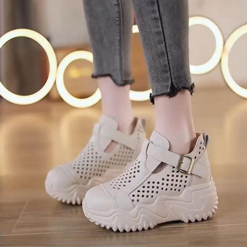 

Outside high-top rubber sole hollow sneakers women s retro buckle solid color women s shoes casual shoes 40
