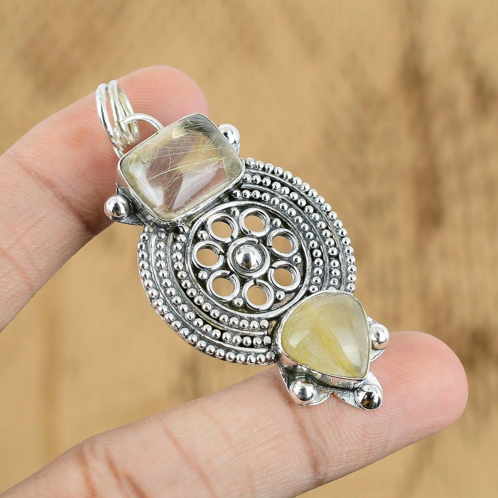 Womens day Deal Natural Golden Rutile Engagement Trendy Pendant Sterling Silver